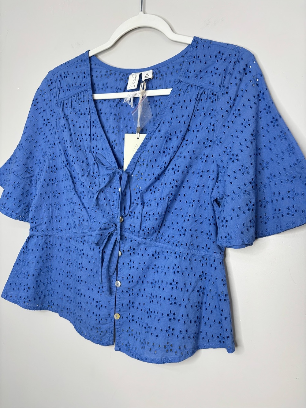 NWT Joie Blue Eyelet Cotton Peplum Tie Front Blouse Top Medium Periwinkle - Picture 3 of 8